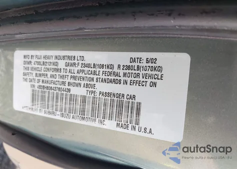 2003 Subaru Outback H6-3.0 L.l. Bean Edition z USA, uszkodzony, nr VIN 4S3BH806437604439